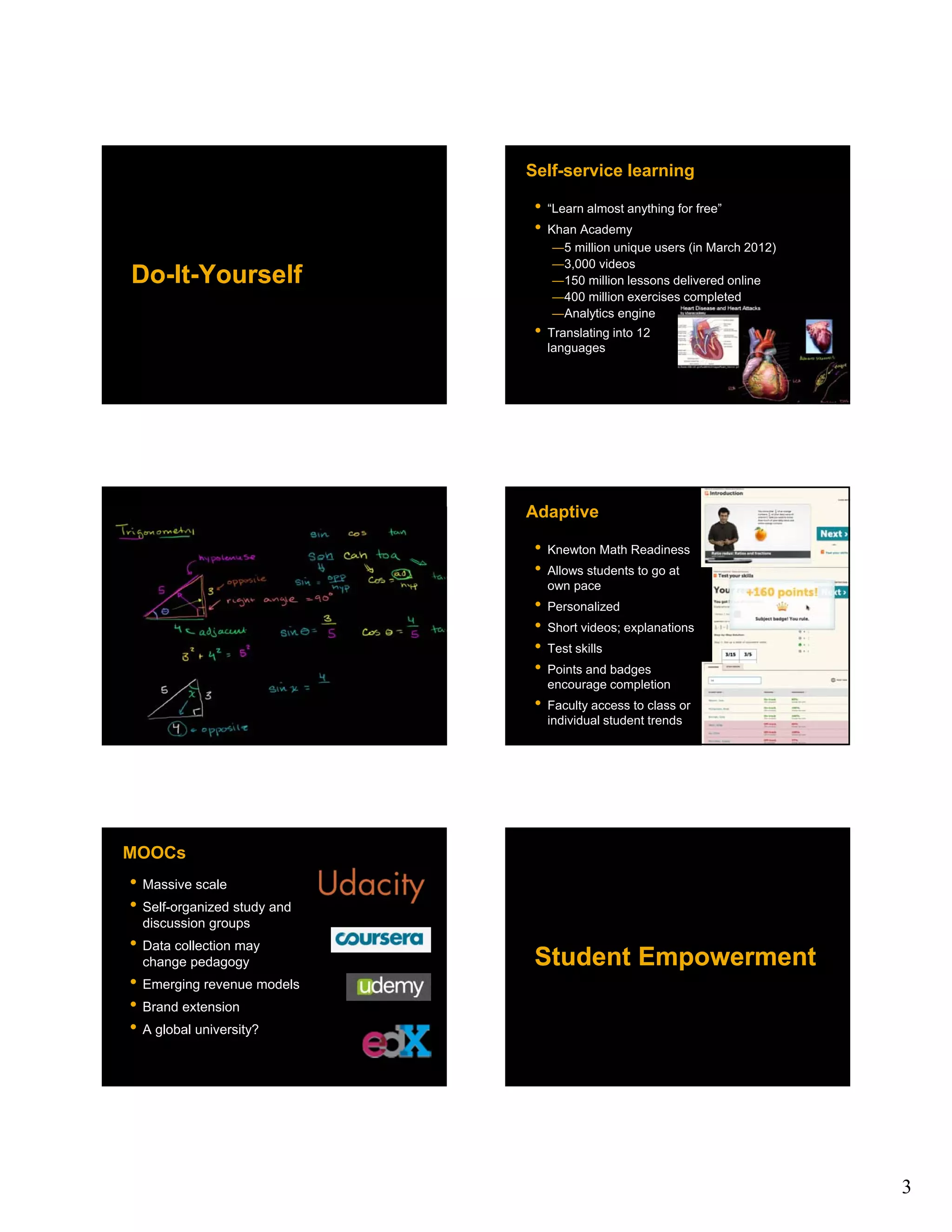 Self-service learning

                              •   “Learn almost anything for free”
                              •   Khan Academy
                                   ―5 million unique users (in March 2012)
                                   ―3,000 videos
Do-It-Yourself                     ―150 million lessons delivered online
                                   ―400 million exercises completed
                                   ―Analytics engine
                              •   Translating into 12
                                  languages




                             Adaptive

                              •   Knewton Math Readiness
                              •   Allows students to go at
                                  own pace
                              •   Personalized
                              •   Short videos; explanations
                              •   Test skills
                              •   Points and badges
                                  encourage completion
                              •   Faculty access to class or
                                  individual student trends




MOOCs
• Massive scale
• Self-organized study and
  discussion groups
• Data collection may
  change pedagogy             Student Empowerment
• Emerging revenue models
• Brand extension
• A global university?




                                                                             3
 