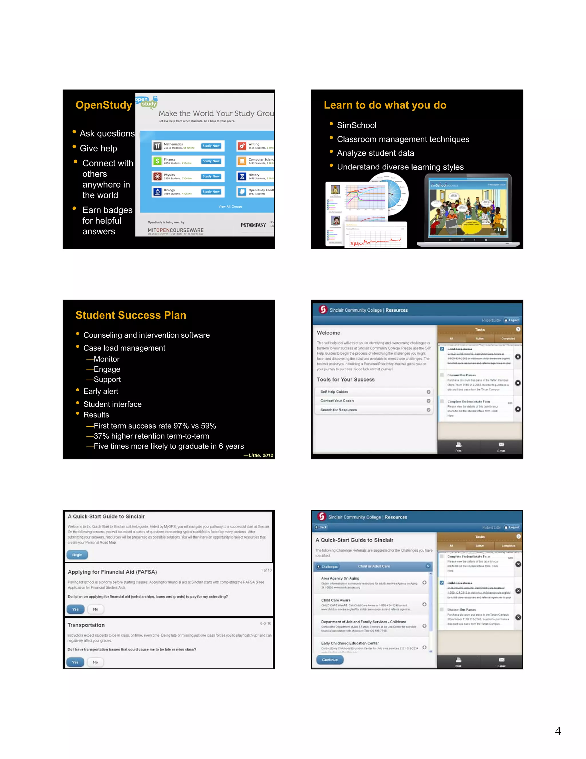 OpenStudy                                                         Learn to do what you do
                                                                  • SimSchool
• Ask questions                                                   • Classroom management techniques
• Give help                                                       • Analyze student data
• Connect with                                                    • Understand diverse learning styles
    others
    anywhere in
    the world
•   Earn badges
    for helpful
    answers




Student Success Plan
•   Counseling and intervention software
•   Case load management
    ―Monitor
    ―Engage
    ―Support
•   Early alert
•   Student interface
•   Results
     ―First term success rate 97% vs 59%
     ―37% higher retention term-to-term
     ―Five times more likely to graduate in 6 years
                                                  —Little, 2012




                                                                                                         4
 