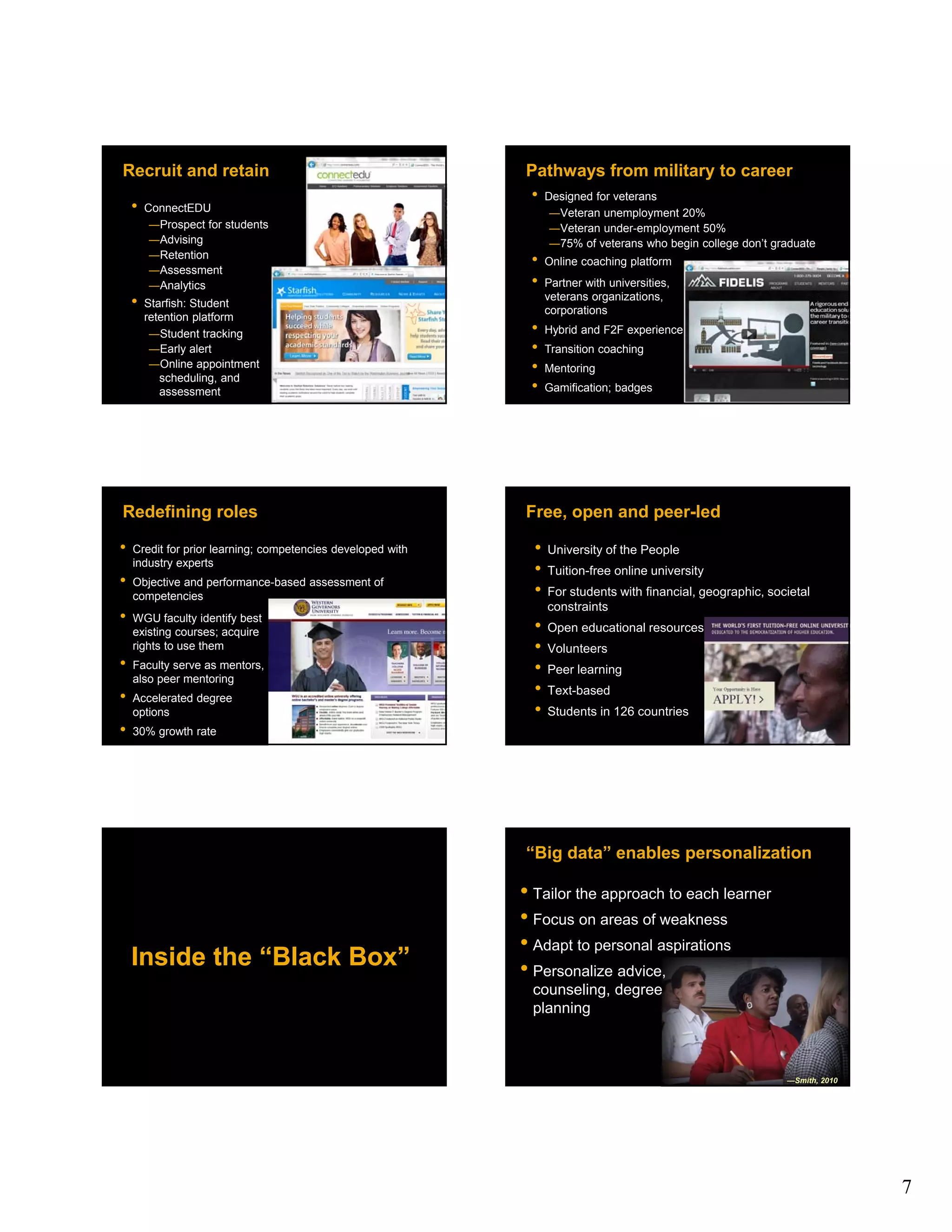 Recruit and retain                                           Pathways from military to career
                                                             • Designed for veterans
    •   ConnectEDU                                                 ―Veteran unemployment 20%
         ―Prospect for students                                    ―Veteran under-employment 50%
         ―Advising                                                 ―75% of veterans who begin college don’t graduate
         ―Retention
         ―Assessment
                                                              •    Online coaching platform

         ―Analytics                                           •    Partner with universities,
                                                                   veterans organizations,
    •   Starfish: Student
                                                                   corporations
        retention platform
         ―Student tracking                                    •    Hybrid and F2F experience
         ―Early alert                                         •    Transition coaching
         ―Online appointment                                  •    Mentoring
           scheduling, and
           assessment                                         •    Gamification; badges




Redefining roles                                             Free, open and peer-led

•   Credit for prior learning; competencies developed with     •   University of the People
    industry experts
                                                               •   Tuition-free online university
•   Objective and performance-based assessment of
    competencies                                               •   For students with financial, geographic, societal
                                                                   constraints
•   WGU faculty identify best
    existing courses; acquire                                  •   Open educational resources
    rights to use them                                         •   Volunteers
•   Faculty serve as mentors,                                  •   Peer learning
    also peer mentoring
•   Accelerated degree
                                                               •   Text-based
    options                                                    •   Students in 126 countries
•   30% growth rate




                                                             “Big data” enables personalization

                                                             • Tailor the approach to each learner
                                                             • Focus on areas of weakness
                                                             • Adapt to personal aspirations
    Inside the “Black Box”                                   • Personalize advice,
                                                              counseling, degree
                                                              planning



                                                                                                               —Smith, 2010




                                                                                                                              7
 