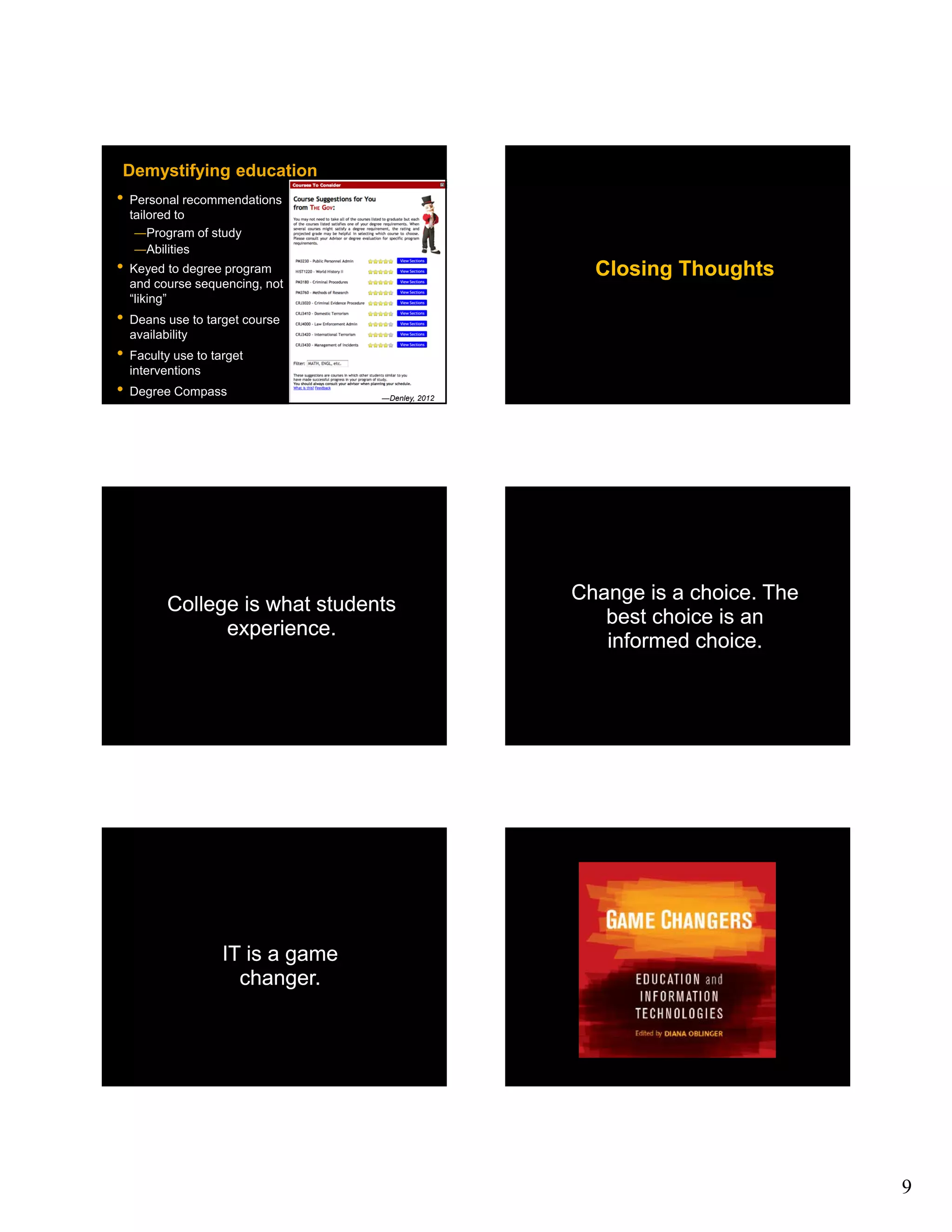 Demystifying education
•   Personal recommendations
    tailored to
     ―Program of study
     ―Abilities
•   Keyed to degree program                           Closing Thoughts
    and course sequencing, not
    “liking”
•   Deans use to target course
    availability
•   Faculty use to target
    interventions
•   Degree Compass                  —Denley, 2012




                                                    Change is a choice. The
          College is what students
                                                       best choice is an
                experience.
                                                       informed choice.




                     IT is a game
                       changer.




                                                                              9
 