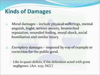Kinds of Damages 
1. Moral damages – include physical sufferings, mental 
anguish, fright, serious anxiety, besmirched 
reputation, wounded feeling, moral shock, social 
humiliation and similar injury. 
2. Exemplary damages – imposed by way of example or 
correction for the public good. 
 Like in quasi-delicts, if the defendant acted with gross 
negligence. (Art. 2231, NCC) 
 