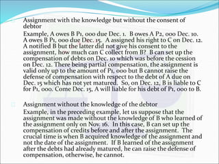  Assignment with the knowledge but without the consent of 
debtor 
Example, A owes B P1, 000 due Dec. 1. B owes A P2, 000 Dec. 10. 
A owes B P1, 000 due Dec. 15. A assigned his right to C on Dec. 12. 
A notified B but the latter did not give his consent to the 
assignment, how much can C collect from B? B can set up the 
compensation of debts on Dec. 10 which was before the cession 
on Dec. 12. There being partial compensation, the assignment is 
valid only up to the amount of P1, 000 but B cannot raise the 
defense of compensation with respect to the debt of A due on 
Dec. 15 which has not yet matured. So, on Dec. 12, B is liable to C 
for P1, 000. Come Dec. 15, A will liable for his debt of P1, 000 to B. 
 Assignment without the knowledge of the debtor 
Example, in the preceding example, let us suppose that the 
assignment was made without the knowledge of B who learned of 
the assignment only on Nov. 16. In this case, B can set up the 
compensation of credits before and after the assignment. The 
crucial time is when B acquired knowledge of the assignment and 
not the date of the assignment. If B learned of the assignment 
after the debts had already matured, he can raise the defense of 
compensation, otherwise, he cannot. 
 
