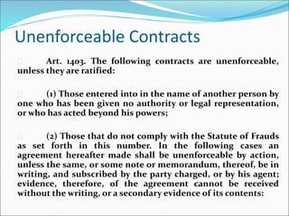 Unenforceable Contracts 
 Art. 1403. The following contracts are unenforceable, 
unless they are ratified: 
 (1) Those entered into in the name of another person by 
one who has been given no authority or legal representation, 
orwho has acted beyond his powers; 
 (2) Those that do not comply with the Statute of Frauds 
as set forth in this number. In the following cases an 
agreement hereafter made shall be unenforceable by action, 
unless the same, or some note or memorandum, thereof, be in 
writing, and subscribed by the party charged, or by his agent; 
evidence, therefore, of the agreement cannot be received 
without the writing, or a secondary evidence of its contents: 
 
