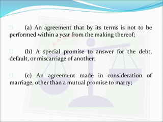  (a) An agreement that by its terms is not to be 
performed within a year from the making thereof; 
 (b) A special promise to answer for the debt, 
default, or miscarriage of another; 
 (c) An agreement made in consideration of 
marriage, other than a mutual promise to marry; 
 