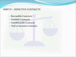 PART IV – DEFECTIVE CONTRACTS 
 Rescissible Contracts 
 Voidable Contracts 
 Unenforceable Contracts 
 Void or inexistent contracts 
 