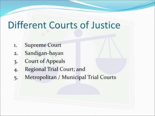 Different Courts of Justice 
1. Supreme Court 
2. Sandigan-bayan 
3. Court of Appeals 
4. Regional Trial Court; and 
5. Metropolitan / Municipal Trial Courts 
 