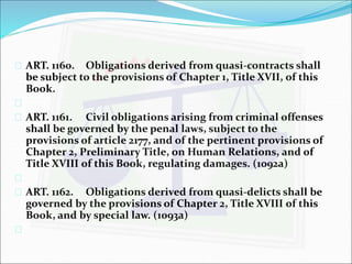  ART. 1160. Obligations derived from quasi-contracts shall 
be subject to the provisions of Chapter 1, Title XVII, of this 
Book. 
 
 ART. 1161. Civil obligations arising from criminal offenses 
shall be governed by the penal laws, subject to the 
provisions of article 2177, and of the pertinent provisions of 
Chapter 2, Preliminary Title, on Human Relations, and of 
Title XVIII of this Book, regulating damages. (1092a) 
 
 ART. 1162. Obligations derived from quasi-delicts shall be 
governed by the provisions of Chapter 2, Title XVIII of this 
Book, and by special law. (1093a) 
 
 