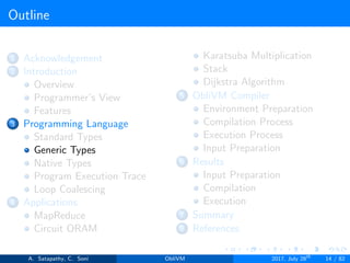 Outline
1 Acknowledgement
2 Introduction
Overview
Programmer’s View
Features
3 Programming Language
Standard Types
Generic Types
Native Types
Program Execution Trace
Loop Coalescing
4 Applications
MapReduce
Circuit ORAM
Karatsuba Multiplication
Stack
Dijkstra Algorithm
5 ObliVM Compiler
Environment Preparation
Compilation Process
Execution Process
Input Preparation
6 Results
Input Preparation
Compilation
Execution
7 Summary
8 References
A. Satapathy, C. Soni ObliVM 2017, July 28th
14 / 82
 