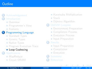 Outline
1 Acknowledgement
2 Introduction
Overview
Programmer’s View
Features
3 Programming Language
Standard Types
Generic Types
Native Types
Program Execution Trace
Loop Coalescing
4 Applications
MapReduce
Circuit ORAM
Karatsuba Multiplication
Stack
Dijkstra Algorithm
5 ObliVM Compiler
Environment Preparation
Compilation Process
Execution Process
Input Preparation
6 Results
Input Preparation
Compilation
Execution
7 Summary
8 References
A. Satapathy, C. Soni ObliVM 2017, July 28th
31 / 82
 