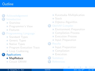 Outline
1 Acknowledgement
2 Introduction
Overview
Programmer’s View
Features
3 Programming Language
Standard Types
Generic Types
Native Types
Program Execution Trace
Loop Coalescing
4 Applications
MapReduce
Circuit ORAM
Karatsuba Multiplication
Stack
Dijkstra Algorithm
5 ObliVM Compiler
Environment Preparation
Compilation Process
Execution Process
Input Preparation
6 Results
Input Preparation
Compilation
Execution
7 Summary
8 References
A. Satapathy, C. Soni ObliVM 2017, July 28th
33 / 82
 