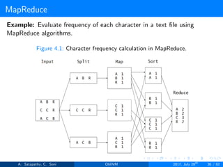 MapReduce
Example: Evaluate frequency of each character in a text ﬁle using
MapReduce algorithms.
Figure 4.1: Character frequency calculation in MapReduce.
A. Satapathy, C. Soni ObliVM 2017, July 28th
36 / 82
 