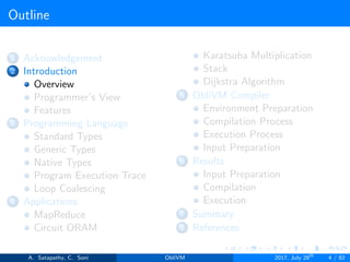 Outline
1 Acknowledgement
2 Introduction
Overview
Programmer’s View
Features
3 Programming Language
Standard Types
Generic Types
Native Types
Program Execution Trace
Loop Coalescing
4 Applications
MapReduce
Circuit ORAM
Karatsuba Multiplication
Stack
Dijkstra Algorithm
5 ObliVM Compiler
Environment Preparation
Compilation Process
Execution Process
Input Preparation
6 Results
Input Preparation
Compilation
Execution
7 Summary
8 References
A. Satapathy, C. Soni ObliVM 2017, July 28th
4 / 82
 
