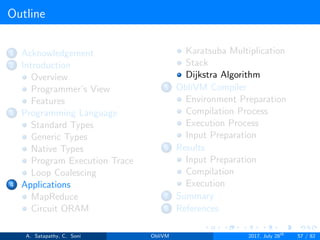 Outline
1 Acknowledgement
2 Introduction
Overview
Programmer’s View
Features
3 Programming Language
Standard Types
Generic Types
Native Types
Program Execution Trace
Loop Coalescing
4 Applications
MapReduce
Circuit ORAM
Karatsuba Multiplication
Stack
Dijkstra Algorithm
5 ObliVM Compiler
Environment Preparation
Compilation Process
Execution Process
Input Preparation
6 Results
Input Preparation
Compilation
Execution
7 Summary
8 References
A. Satapathy, C. Soni ObliVM 2017, July 28th
57 / 82
 