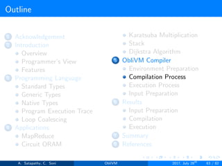 Outline
1 Acknowledgement
2 Introduction
Overview
Programmer’s View
Features
3 Programming Language
Standard Types
Generic Types
Native Types
Program Execution Trace
Loop Coalescing
4 Applications
MapReduce
Circuit ORAM
Karatsuba Multiplication
Stack
Dijkstra Algorithm
5 ObliVM Compiler
Environment Preparation
Compilation Process
Execution Process
Input Preparation
6 Results
Input Preparation
Compilation
Execution
7 Summary
8 References
A. Satapathy, C. Soni ObliVM 2017, July 28th
63 / 82
 