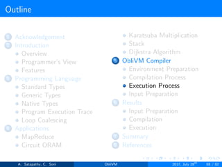 Outline
1 Acknowledgement
2 Introduction
Overview
Programmer’s View
Features
3 Programming Language
Standard Types
Generic Types
Native Types
Program Execution Trace
Loop Coalescing
4 Applications
MapReduce
Circuit ORAM
Karatsuba Multiplication
Stack
Dijkstra Algorithm
5 ObliVM Compiler
Environment Preparation
Compilation Process
Execution Process
Input Preparation
6 Results
Input Preparation
Compilation
Execution
7 Summary
8 References
A. Satapathy, C. Soni ObliVM 2017, July 28th
68 / 82
 