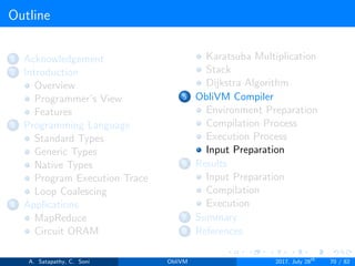 Outline
1 Acknowledgement
2 Introduction
Overview
Programmer’s View
Features
3 Programming Language
Standard Types
Generic Types
Native Types
Program Execution Trace
Loop Coalescing
4 Applications
MapReduce
Circuit ORAM
Karatsuba Multiplication
Stack
Dijkstra Algorithm
5 ObliVM Compiler
Environment Preparation
Compilation Process
Execution Process
Input Preparation
6 Results
Input Preparation
Compilation
Execution
7 Summary
8 References
A. Satapathy, C. Soni ObliVM 2017, July 28th
70 / 82
 