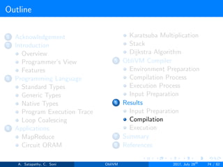 Outline
1 Acknowledgement
2 Introduction
Overview
Programmer’s View
Features
3 Programming Language
Standard Types
Generic Types
Native Types
Program Execution Trace
Loop Coalescing
4 Applications
MapReduce
Circuit ORAM
Karatsuba Multiplication
Stack
Dijkstra Algorithm
5 ObliVM Compiler
Environment Preparation
Compilation Process
Execution Process
Input Preparation
6 Results
Input Preparation
Compilation
Execution
7 Summary
8 References
A. Satapathy, C. Soni ObliVM 2017, July 28th
74 / 82
 