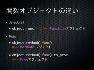 JavaScript
  object.func   //=> Function

Ruby
  object.method(:func)
  #=> Method

  object.method(:func).to_proc
  #=> Proc
 