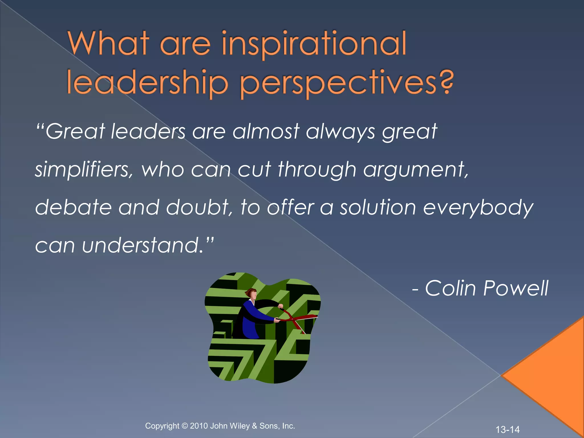 “Great leaders are almost always great
simplifiers, who can cut through argument,
debate and doubt, to offer a solution everybody
can understand.”

                                                     - Colin Powell




          Copyright © 2010 John Wiley & Sons, Inc.
                                                             13-14
 