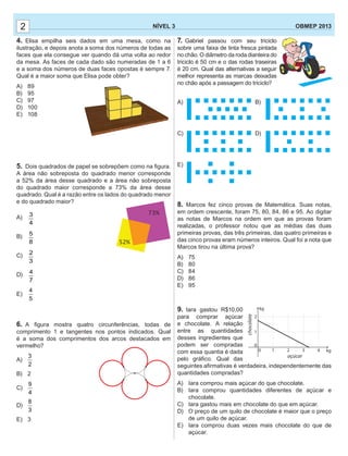 7. Gabriel passou com seu triciclo
sobre uma faixa de tinta fresca pintada
no chão. O diâmetro da roda dianteira do
triciclo é 50 cm e o das rodas traseiras
é 20 cm. Qual das alternativas a seguir
melhor representa as marcas deixadas
no chão após a passagem do triciclo?
A) B)
C) D)
E)
8. Marcos fez cinco provas de Matemática. Suas notas,
em ordem crescente, foram 75, 80, 84, 86 e 95. Ao digitar
as notas de Marcos na ordem em que as provas foram
realizadas, o professor notou que as médias das duas
primeiras provas, das três primeiras, das quatro primeiras e
das cinco provas eram números inteiros. Qual foi a nota que
Marcos tirou na última prova?
A) 75
B) 80
C) 84
D) 86
E) 95
9. Iara gastou R$10,00
para comprar açúcar
e chocolate. A relação
entre as quantidades
desses ingredientes que
podem ser compradas
com essa quantia é dada
pelo gráﬁco. Qual das
seguintes aﬁrmativas é verdadeira, independentemente das
quantidades compradas?
A) Iara comprou mais açúcar do que chocolate.
B) Iara comprou quantidades diferentes de açúcar e
chocolate.
C) Iara gastou mais em chocolate do que em açúcar.
D) O preço de um quilo de chocolate é maior que o preço
de um quilo de açúcar.
E) Iara comprou duas vezes mais chocolate do que de
açúcar.
22 NÍVEL 3 OBMEP 2013
4. Elisa empilha seis dados em uma mesa, como na
ilustração, e depois anota a soma dos números de todas as
faces que ela consegue ver quando dá uma volta ao redor
da mesa. As faces de cada dado são numeradas de 1 a 6
e a soma dos números de duas faces opostas é sempre 7.
Qual é a maior soma que Elisa pode obter?
A) 89
B) 95
C) 97
D) 100
E) 108
5. Dois quadrados de papel se sobrepõem como na ﬁgura.
A área não sobreposta do quadrado menor corresponde
a 52% da área desse quadrado e a área não sobreposta
do quadrado maior corresponde a 73% da área desse
quadrado. Qual é a razão entre os lados do quadrado menor
e do quadrado maior?
A) 3
4
B) 5
8
C) 2
3
D) 4
7
E)
4
5
6. A ﬁgura mostra quatro circunferências, todas de
comprimento 1 e tangentes nos pontos indicados. Qual
é a soma dos comprimentos dos arcos destacados em
vermelho?
A)
3
2
B) 2
C)
9
4
D)
8
3
E) 3
 