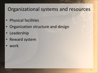 Organizational systems and resources Physical facilities Organization structure and design Leadership Reward system work 12/25/11 SANDHYA ANIL 