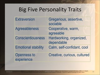 Big Five Personality Traits Sources: P. T. Costa and R. R. McCrae,  The NEO-PI Personality Inventory  (Odessa, Fla.: Psychological Assessment Resources, 1992); J. F. Salgado, “The Five Factor Model of Personality and Job Performance in the European Community,”  Journal of Applied Psychology  82 (1997): 30-43. 12/25/11 SANDHYA ANIL 