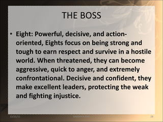THE BOSS Eight: Powerful, decisive, and action-oriented, Eights focus on being strong and tough to earn respect and survive in a hostile world. When threatened, they can become aggressive, quick to anger, and extremely confrontational. Decisive and confident, they make excellent leaders, protecting the weak and fighting injustice. 12/25/11 SANDHYA ANIL 