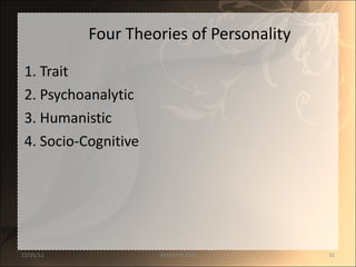 Four Theories of Personality 1. Trait 2. Psychoanalytic 3. Humanistic 4. Socio-Cognitive 12/25/11 SANDHYA ANIL 