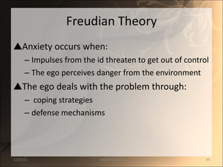 Freudian Theory Anxiety occurs when: Impulses from the id threaten to get out of control The ego perceives danger from the environment The ego deals with the problem through: coping strategies defense mechanisms 12/25/11 SANDHYA ANIL 