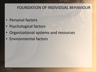 FOUNDATION OF INDIVIDUAL BEHAVIOUR Personal factors Psychological factors Organizational systems and resources Environmental factors 12/25/11 SANDHYA ANIL 