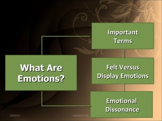 Felt Versus Display Emotions What Are Emotions? Emotional Dissonance Important Terms 12/25/11 SANDHYA ANIL 