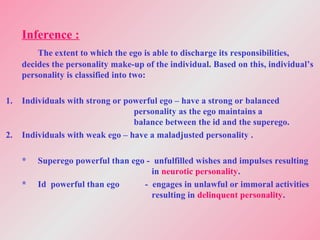 Inference :
The extent to which the ego is able to discharge its responsibilities,
decides the personality make-up of the individual. Based on this, individual’s
personality is classified into two:
1. Individuals with strong or powerful ego – have a strong or balanced
personality as the ego maintains a
balance between the id and the superego.
2. Individuals with weak ego – have a maladjusted personality .
* Superego powerful than ego - unfulfilled wishes and impulses resulting
in neurotic personality.
* Id powerful than ego - engages in unlawful or immoral activities
resulting in delinquent personality.
 
