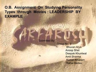 O.B. Assignment On Studying Personality
Types through Movies : LEADERSHIP BY
EXAMPLE




                Submitted By
                               Group No. 3
                                      Bhuvan Arya
                                     Anoop Shet
                                     Deepak Khuntwal
                                     Amit Sharma
                                      Kumar Anupam
                                      Rahul Hedau
 