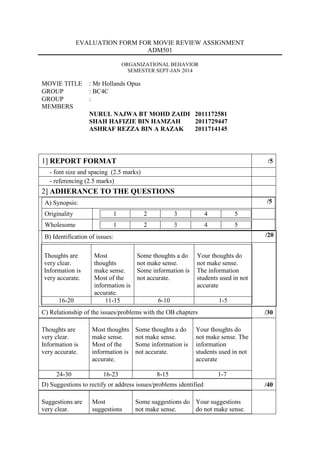 EVALUATION FORM FOR MOVIE REVIEW ASSIGNMENT
ADM501
ORGANIZATIONAL BEHAVIOR
SEMESTER SEPT-JAN 2014
MOVIE TITLE : Mr Hollands Opus
GROUP : BC4C
GROUP
MEMBERS
:
NURUL NAJWA BT MOHD ZAIDI 2011172581
SHAH HAFIZIE BIN HAMZAH 2011729447
ASHRAF REZZA BIN A RAZAK 2011714145
1] REPORT FORMAT /5
- font size and spacing (2.5 marks)
- referencing (2.5 marks)
2] ADHERANCE TO THE QUESTIONS
A) Synopsis: /5
Originality 1 2 3 4 5
Wholesome 1 2 3 4 5
B) Identification of issues: /20
Thoughts are
very clear.
Information is
very accurate.
Most
thoughts
make sense.
Most of the
information is
accurate.
Some thoughts a do
not make sense.
Some information is
not accurate.
Your thoughts do
not make sense.
The information
students used in not
accurate
16-20 11-15 6-10 1-5
C) Relationship of the issues/problems with the OB chapters /30
Thoughts are
very clear.
Information is
very accurate.
Most thoughts
make sense.
Most of the
information is
accurate.
Some thoughts a do
not make sense.
Some information is
not accurate.
Your thoughts do
not make sense. The
information
students used in not
accurate
24-30 16-23 8-15 1-7
D) Suggestions to rectify or address issues/problems identified /40
Suggestions are
very clear.
Most
suggestions
Some suggestions do
not make sense.
Your suggestions
do not make sense.
 