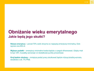 Obniżanie wieku emerytalnego
Jakie będą jego skutki?
Niższe emerytury – ponad 70% osób otrzyma co najwyżej emeryturę minimalną. Dziś
wynosi ona 853 zł.
Wyższe podatki – emerytury minimalne trzeba będzie z czegoś sfinansować. Gdyby miał
to być VAT, musiałby wzrosnąć o 2 dodatkowe punkty procentowe
Kraj będzie uboższy – mniejsza podaż pracy skutkować będzie niższą ścieżką wzrostu,
docelowo o ok. 7% PKB.
-->
 