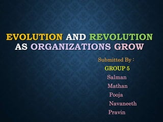 EVOLUTION AND REVOLUTION
AS ORGANIZATIONS GROW
Submitted By :
GROUP 5
Salman
Mathan
Pooja
Navaneeth
Pravin
 