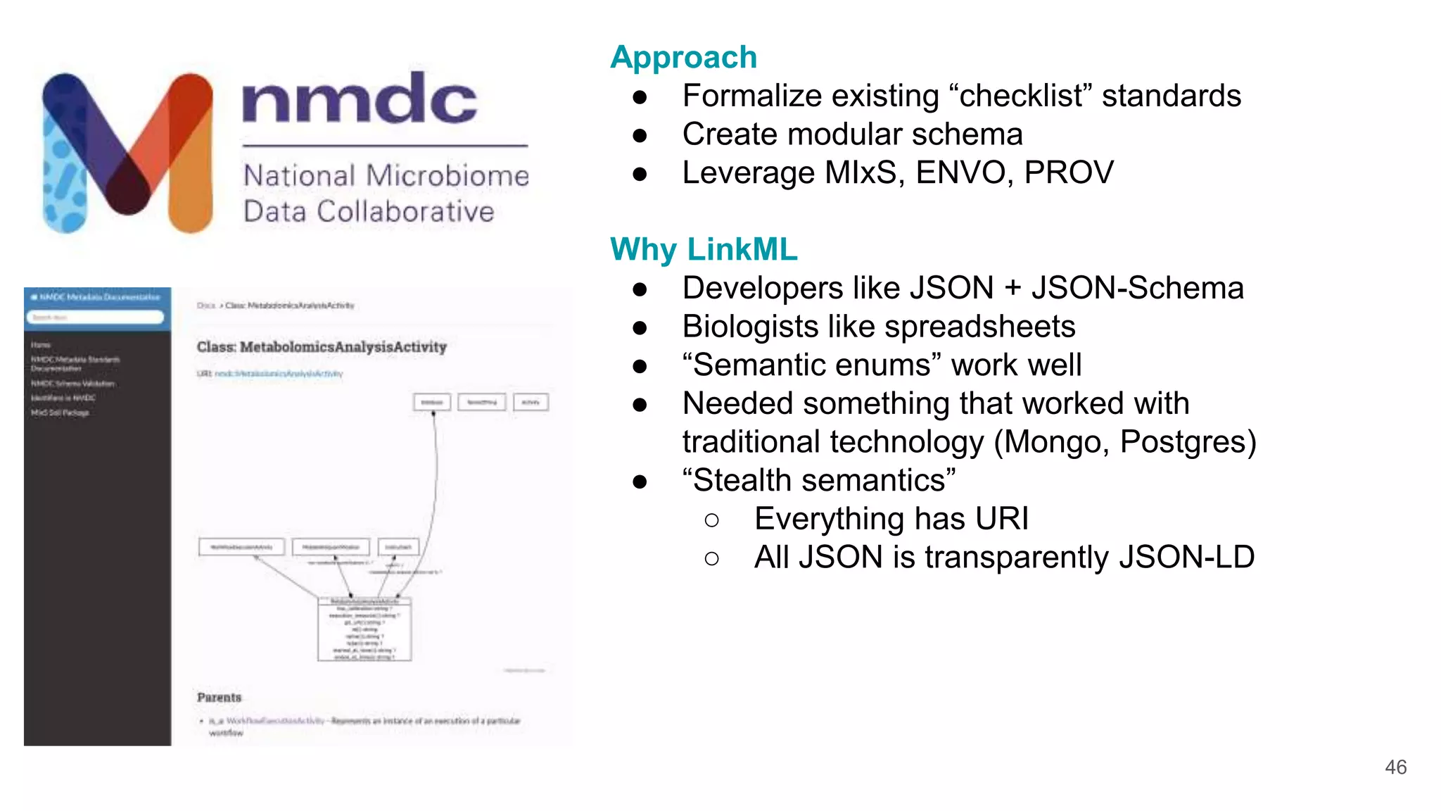NationalMicro
biome Data
Collaborative
Approach
● Formalize existing “checklist” standards
● Create modular schema
● Leverage MIxS, ENVO, PROV
Why LinkML
● Developers like JSON + JSON-Schema
● Biologists like spreadsheets
● “Semantic enums” work well
● Needed something that worked with
traditional technology (Mongo, Postgres)
● “Stealth semantics”
○ Everything has URI
○ All JSON is transparently JSON-LD
46
 