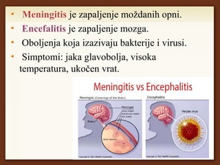 Meningitis je zapaljenje moždanih opni.
Encefalitis je zapaljenje mozga.
Oboljenja koja izazivaju bakterije i virusi.
Simptomi: jaka glavobolja, visoka
temperatura, ukočen vrat.
 
