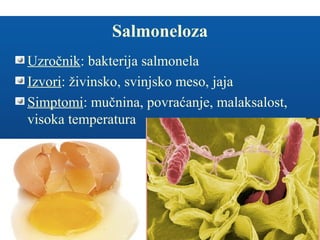 Salmoneloza
Uzročnik: bakterija salmonela
Izvori: živinsko, svinjsko meso, jaja
Simptomi: mučnina, povraćanje, malaksalost,
visoka temperatura
 
