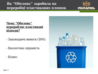 Як “Оболонь” заробила на
     переробці пластикових пляшок



    Чому “Оболонь”
    переробляє пластикові
    відходи?

    - Законодавчі вимоги (30%)

    - Екологічна свідомість

    - Бізнес



Page  3
 