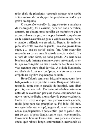 todo cheio de pisaduras, vertendo sangue pelo nariz;
veio a morrer da queda, que lhe produzira uma doença
grave na espinha.
     O negro não teve dúvida; ergueu-se (era uma hora
da madrugada), foi à casinha, para não dar a perceber,
amarrou na cintura uma navalha de marinheiro que o
acompanhava sempre, vestiu, por baixo da roupa bran-
ca de doente, a camisa de gola, e voltou cauteloso, pers-
crutando o silêncio e a escuridão. Depois, foi tudo rá-
pido: deu volta ao cabo na janela, um cabo grosso tran-
çado, e ... que os pariu! saltou fora. Uma escuridão
medonha na baía e um silêncio de arrepiar cabelo. Era
a hora do sono forte, do sono pesado. As sentinelas
bradavam, de instante a instante, o seu prolongado aler-
ta! que o eco repetia no mar e em terra. Nenhuma outra
voz, nenhum outro sinal de vida. A cidade iluminada,
estrelada de luzes microscópicas, era como vasta ne-
crópole na lúgubre inquietação da noite.
     Bom-Crioulo sentia um friozinho brando, um leve
bafejo matinal arrepiar-lhe a nuca. Dirigiu-se tateando,
tateando, rente com o paredão do hospital, sem olhar
pra trás, sem ver nada. Tinha examinado bem o terreno
antes de se aventurar; por esse modo, caminhando na-
quele rumo, ia direito a uma descida pouco escabrosa.
Embaixo ficava o dique. era preciso muita cautela,
muito jeito para não precipitar-se. Foi indo, foi indo,
ora agachado, ora em pé, segurando aqui, segurando
acolá, às apalpadelas, e pôde enfim que os pariu! che-
gar ao cais, à beira dágua, sem o mais leve arranhão.
Dava meia hora na Candelária uma pancada sonora e
cheia, que reboou longe, soturnamente, acordando os
 