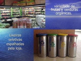 Lixeiras seletivas espalhadas pela loja. variedade de frutas e verduras orgânicas.  