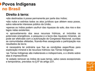 Direito à terra: são destinadas à posse permanente por parte dos índios;  são nulos e extintos todos os atos jurídicos que afetem essa posse, salvo relevante interesse público da União;  apenas os índios podem usufruir das riquezas do solo, dos rios e dos lagos nelas existentes;   o aproveitamento dos seus recursos hídricos, aí incluídos os potenciais energéticos, a pesquisa e a lavra das riquezas minerais, só pode ser efetivado com a autorização do Congresso Nacional, ouvidas as comunidades afetadas, ficando-lhes assegurada a participação nos resultados da lavra;  é necessária lei ordinária que fixe as condições específicas para exploração mineral e de recursos hídricos nas Terras Indígenas;   as Terras Indígenas são inalienáveis e indisponíveis, e o direito sobre elas é imprescritível;   é vedado remover os índios de suas terras, salvo casos excepcionais e temporários, previstos no § 6º do artigo 231.  Povos Indígenas  no Brasil 