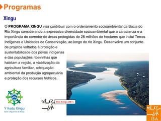 O  PROGRAMA XINGU  visa contribuir com o ordenamento socioambiental da Bacia do Rio Xingu considerando a expressiva diversidade socioambiental que a caracteriza e a importância do corredor de áreas protegidas de 28 milhões de hectares que inclui Terras Indígenas e Unidades de Conservação, ao longo do rio Xingu. Desenvolve um conjunto de projetos voltados à proteção e sustentabilidade dos povos indígenas e das populações ribeirinhas que habitam a região, a viabilização da agricultura familiar, adequação ambiental da produção agropecuária e proteção dos recursos hídricos.  Programas Xingu Rio Xingu (MT) 