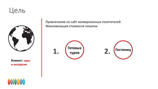 Цель
Привлечение на сайт конверсионных посетителей
Максимизация стоимости покупки

1.
Клиент: туры
и экскурсии

Готовых
туров

2.

Гостиниц

 