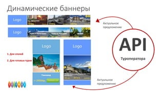 Динамические баннеры
Актуальное
предложение

API

1. Для отелей

Туроператора

2. Для готовых туров

Актуальное
предложение

 
