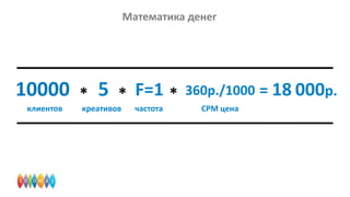 Математика денег

10000
клиентов

*

5

* F=1 * 360р./1000 = 18 000р.

креативов

частота

CPM цена

 