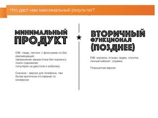 Что даст нам максимальный результат? 
минимальный продукт 
E96: товар, листинг с фильтрами но без 
рекомендаций, 
оформление заказа (пока без корзины), 
поиск (одинаково 
популярен на декстопе и мобилке). 
Сначала – версия для телефона, там 
более критичное отставание по 
конверсии 
вторичный 
(позднее) 
функционал 
Е96: корзина, отзывы, видео, сопутка, 
личный кабинет, справка. 
Планшетная версия 
 