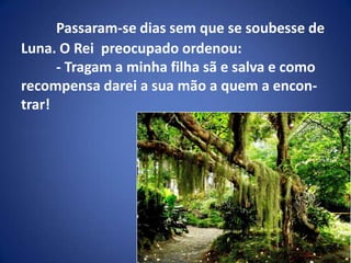Passaram-se dias sem que se soubesse de Luna. O Rei  preocupado ordenou:	- Tragam a minha filha sã e salva e como recompensa darei a sua mão a quem a encon-trar!