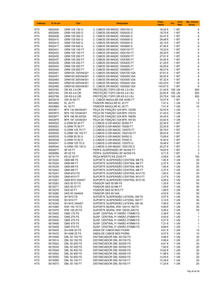 Catálogo Nº do art. Tipo Designação
Preço
Tabela
Por
Unid.
Med.
Qte. minima
fornec.
KTS 6002404 GRM 105 150 G C. CABOS GR-MAGIC 105X150 G 16,42 € 1 MT 6
KTS 6002406 GRM 105 200 G C. CABOS GR-MAGIC 105X200 G 18,75 € 1 MT 6
KTS 6002408 GRM 105 300 G C. CABOS GR-MAGIC 105X300 G 24,47 € 1 MT 6
KTS 6002410 GRM 105 400 G C. CABOS GR-MAGIC 105X400 G 28,46 € 1 MT 6
KTS 6002415 GRM 105 500 G C. CABOS GR-MAGIC 105X500 G 35,15 € 1 MT 6
KTS 6002417 GRM 105 600 G C. CABOS GR-MAGIC 105X600 G 47,54 € 1 MT 6
KTS 6002431 GRM 105 100 FT C. CABOS GR-MAGIC 105X100 FT 18,33 € 1 MT 6
KTS 6002433 GRM 105 150 FT C. CABOS GR-MAGIC 105X150 FT 25,00 € 1 MT 6
KTS 6002435 GRM 105 200 FT C. CABOS GR-MAGIC 105X200 FT 27,91 € 1 MT 6
KTS 6002437 GRM 105 300 FT C. CABOS GR-MAGIC 105X300 FT 34,05 € 1 MT 6
KTS 6002439 GRM 105 400 FT C. CABOS GR-MAGIC 105X400 FT 41,25 € 1 MT 6
KTS 6002443 GRM 105 500 FT C. CABOS GR-MAGIC 105X500 FT 45,29 € 1 MT 6
KTS 6002445 GRM 105 600 FT C. CABOS GR-MAGIC 105X600 FT 56,47 € 1 MT 6
KTS 6002451 GRM105 100VA4301 C. CABOS GR-MAGIC 105X100 V2A 67,61 € 1 MT 6
KTS 6002457 GRM105 200VA4301 C. CABOS GR-MAGIC 105X200 V2A 80,52 € 1 MT 6
KTS 6002460 GRM105 300VA4301 C. CABOS GR-MAGIC 105X300 V2A 97,32 € 1 MT 6
KTS 6002463 GRM105 400VA4301 C. CABOS GR-MAGIC 105X400 V2A 125,23 € 1 MT 6
KTS 6002466 GRM105 500VA4301 C. CABOS GR-MAGIC 105X500 V2A 143,57 € 1 MT 6
KTS 6003750 GR KS 3.9 OR PROTEÇÃO TOPO GR KS 3.9 LRJ 21,04 € 100 UN 500
KTS 6003754 GR KS 4.8 OR PROTEÇÃO TOPO GR KS 4.8 LRJ 22,93 € 100 UN 500
KTS 6003758 GR KS 6.0 OR PROTEÇÃO TOPO GR KS 6.0 LRJ 25,75 € 100 UN 500
KTS 6003818 GW 40 80 FT C. CABOS ANGULAR GW 40/80 FT 16,57 € 1 MT 2
KTS 6003850 KL 20 FT FIXADOR ANGULAR KL 20 FT 7,41 € 1 UN 10
KTS 6003869 KL 30 FT FIXADOR ANGULAR KL 20 FT 7,41 € 1 UN 10
KTS 6003871 BFK 132 58VA4301 PEÇA DE FIXAÇÃO V2A BFK 132/58 32,43 € 1 UN 1
KTS 6003873 BFK 153 33VA4301 PEÇA DE FIXAÇÃO V2A BFK 153/33 31,42 € 1 UN 1
KTS 6003877 BFK 166 58 20V2A PEÇA DE FIXAÇÃO V2A BFK 166/58 34,45 € 1 UN 1
KTS 6003879 BFK 187 33VA4301 PEÇA DE FIXAÇÃO V2A BFK 187/33 33,63 € 1 UN 1
KTS 6005520 G-GRM 50 50 FT C.CABOS G-GR-MAGIC 50X50 FT 22,30 € 1 MT 3
KTS 6005523 G-GRM 75 50 FT C.CABOS G-GR-MAGIC 75X50 FT 23,24 € 1 MT 3
KTS 6005526 G-GRM 125 75 FT C.CABOS G-GR-MAGIC 125X75 FT 26,79 € 1 MT 3
KTS 6005529 G-GRM 150 100 FT C.CABOS G-GR-MAGIC 150X100 FT 38,43 € 1 MT 3
KTS 6005535 G-GRM 50 50 G C.CABOS G-GR-MAGIC 50X50 G 13,69 € 1 MT 3
KTS 6005538 G-GRM 75 50 G C.CABOS G-GR-MAGIC 75X50 G 16,40 € 1 MT 3
KTS 6005541 G-GRM 125 75 G C.CABOS G-GR-MAGIC 125X75 G 18,46 € 1 MT 3
KTS 6005544 G-GRM 150 100 G C.CABOS G-GR-MAGIC 150X100 G 25,27 € 1 MT 3
KTS 6005977 AP 45 FT PERFIL SUSPENSÃO AP 45/300 FT 18,63 € 1 MT 3
KTS 6005985 AP 45 FS PERFIL SUSPENSÃO AP 45/300 FS 9,71 € 1 MT 3
KTS 6015174 KS 23 35 FT PEÇA APERTO KS 23/25 FT 2,09 € 1 UN 100
KTS 6015220 GMA M6 FS SUPORTE SUSPENSÃO CENTRAL M6 FS 1,60 € 1 UN 25
KTS 6015224 GMA M6 FT SUPORTE SUSPENSÃO CENTRAL M6 FT 2,37 € 1 UN 25
KTS 6015239 GMA M8 FS SUPORTE SUSPENSÃO CENTRAL M8 FS 1,60 € 1 UN 25
KTS 6015243 GMA M8 FT SUPORTE SUSPENSÃO CENTRAL M8 FT 2,37 € 1 UN 25
KTS 6015247 GMA M10 FS SUPORTE SUSPENSÃO CENTRAL M10 FS 1,60 € 1 UN 25
KTS 6015255 GMA M10 FT SUPORTE SUSPENSÃO CENTRAL M10 FT 2,37 € 1 UN 25
KTS 6015261 GMA M10 VA4401 SUPORTE SUSPENSÃO CENTRAL M10 VA 9,28 € 1 UN 25
KTS 6015263 GKS 50 07 FS FIXADOR GKS 50 M6 FS 1,20 € 1 UN 50
KTS 6015271 GKS 50 07 FT FIXADOR GKS 50 M6 FT 1,59 € 1 UN 50
KTS 6015278 GKS 50 FT FIXADOR GKS 50 M10 FT 1,68 € 1 UN 50
KTS 6015280 GKS 50 VA4404 FIXADOR GKS 60 V4A 4,53 € 1 UN 50
KTS 6015336 SH M10 FS SUPORTE SUSPENSÃO LATERAL SM FS 2,07 € 1 UN 50
KTS 6015338 SH M10 FT SUPORTE SUSPENSÃO LATERAL SM FT 3,14 € 1 UN 50
KTS 6015340 SH M10 VA4401 SUPORTE SUSPENSÃO LATERAL SM VA 7,95 € 1 UN 20
KTS 6015360 WW 100 15 FS SUPORTE MURAL WW 100/15 158 FS 4,69 € 1 UN 50
KTS 6015379 WW 100 20 FS SUPORTE MURAL WW 100/20 208 FS 5,46 € 1 UN 50
KTS 6015400 GMS 170 FS SUSP. CENTRAL P/ VARÃO 170MM FS 3,38 € 1 UN 1
KTS 6015402 GMS 270 FS SUSP. CENTRAL P/ VARÃO 270MM FS 4,50 € 1 UN 1
KTS 6015404 GMS 370 FS SUSP. CENTRAL P/ VARÃO 370MM FS 5,51 € 1 UN 1
KTS 6015406 GMS 470 FS SUSP. CENTRAL P/ VARÃO 470MM FS 7,21 € 1 UN 1
KTS 6015408 GMS 570 FS SUSP. CENTRAL P/ VARÃO 570MM FS 8,69 € 1 UN 1
KTS 6015425 SH KAB 20 FS SAIDA DE CABOS M20 P/GRM 4,61 € 1 UN 10
KTS 6015433 SH KAB 25 FS SAIDA DE CABOS M25 P/GRM 5,07 € 1 UN 10
KTS 6015506 DBL 50 100 FS DISTANCIADOR DBL 50/100 FS 5,66 € 1 UN 20
KTS 6015514 DBL 50 150 FS DISTANCIADOR DBL 50/150 FS 5,96 € 1 UN 20
KTS 6015522 DBL 50 200 FS DISTANCIADOR DBL 50/200 FS 6,61 € 1 UN 20
KTS 6015530 DBL 50 300 FS DISTANCIADOR DBL 50/300 FS 7,60 € 1 UN 20
KTS 6015549 DBL 50 400 FS DISTANCIADOR DBL 50/400 FS 10,02 € 1 UN 20
KTS 6015552 DBL 50 500 FS DISTANCIADOR DBL 50/500 FS 11,98 € 1 UN 25
KTS 6015555 DBL 50 600 FS DISTANCIADOR DBL 50/600 FS 14,05 € 1 UN 20
KTS 6015565 DBL 50 100 FT DISTANCIADOR DBL 50/100 FT 10,39 € 1 UN 20
KTS 6015573 DBL 50 150 FT DISTANCIADOR DBL 50/150 FT 11,25 € 1 UN 20
Pág 49 de 94
 